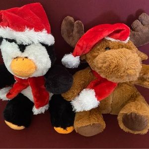 Lot of 2 Vintage Oak trading Inc Holiday Christmas Plush Toys Moose & Penguin